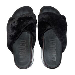 EUC LABUCQ MO Slides Sandal Genuine Leather Black Shearling IT 38 US 8 Luxury